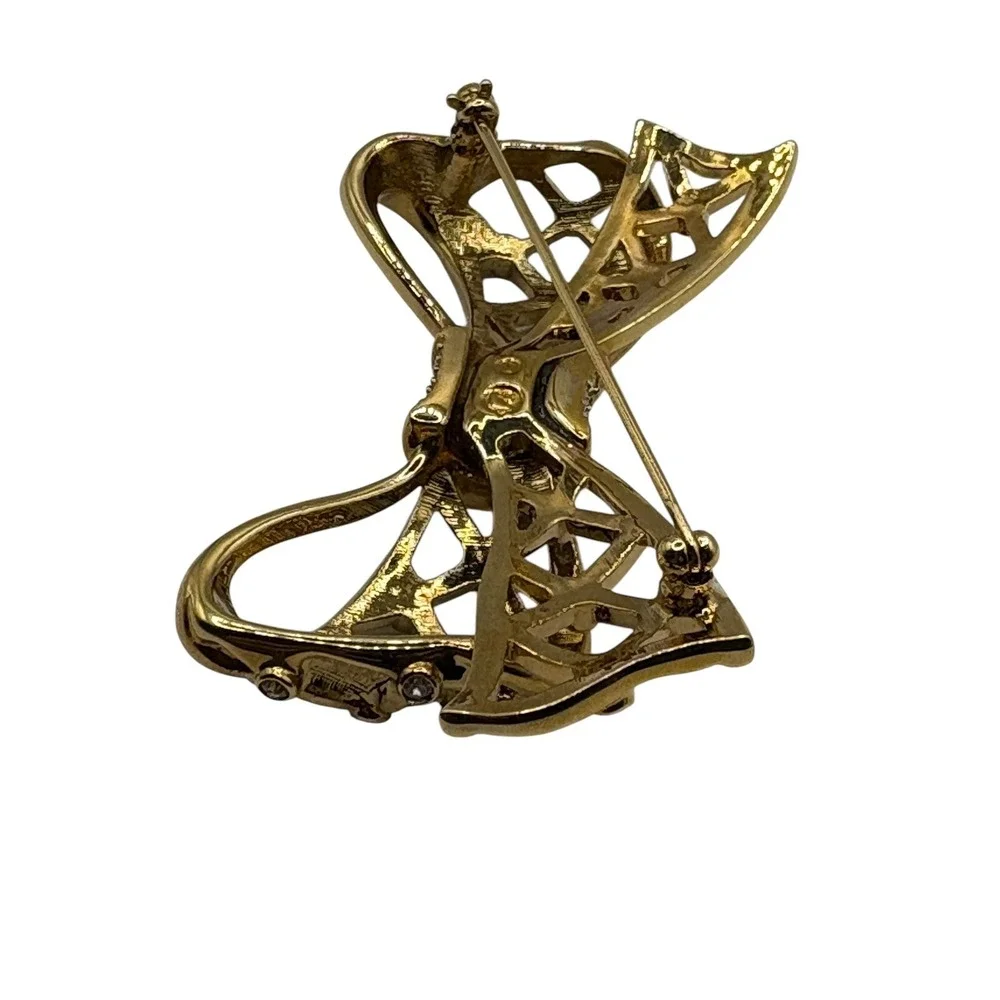 Swan Signed SWAROVSKI Open Bow Brooch Pin Icy Clear Crystals‎ Gold Tone Ribbon